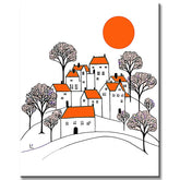 Paint by Numbers Art Illustration White Houses with Orange Roof and Black Trees